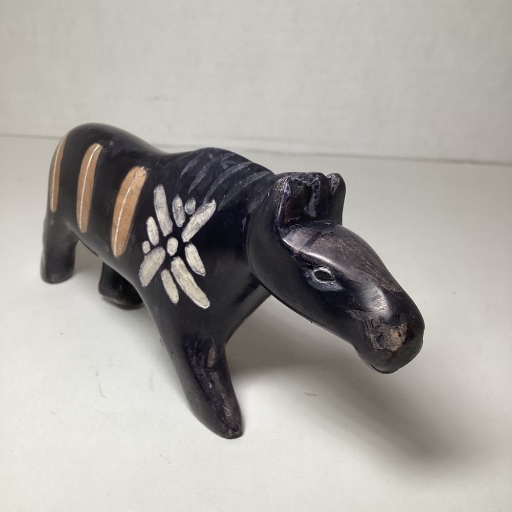 Hand Carved African Soapstone Horse Figurine Black Etched Zebra Tribal Art 6in